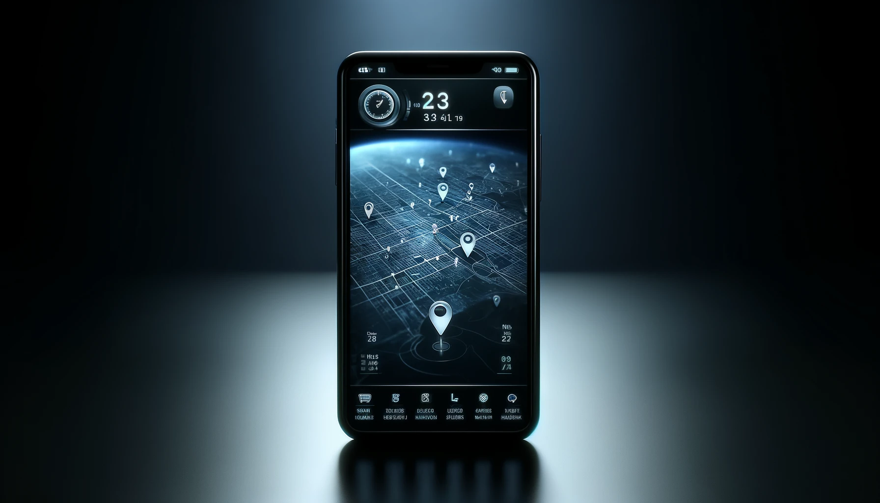a smartphone displaying a location tracking app showing a complex digital map with several location pins and user interface elements.