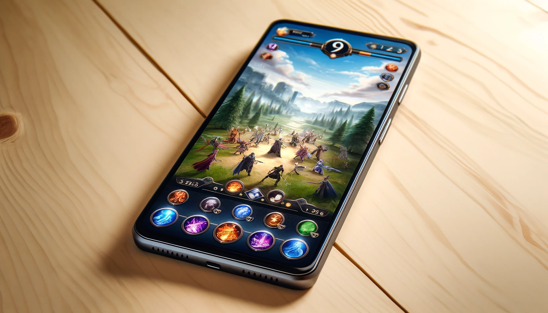 a modern smartphone displaying a mobile RPG game.