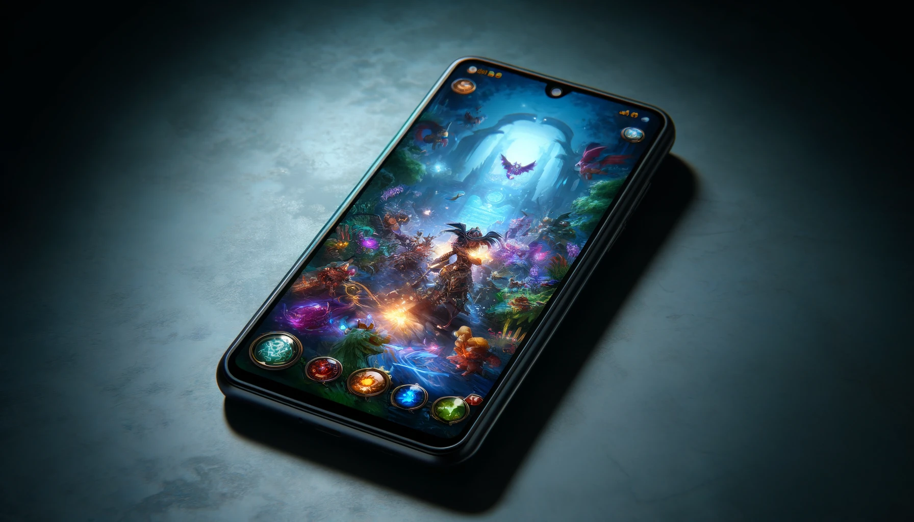 a smartphone with a sleek design with a glossy black frame and a high-definition screen showing a colorful and immersive game world with mythical creatures and magical elements.