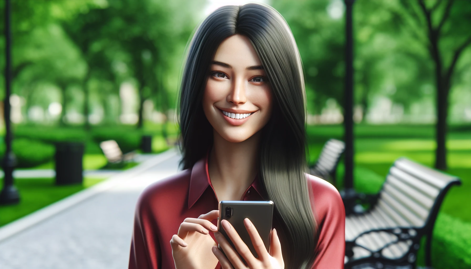 a smiling woman using her smartphone. The woman is in her early 30s, with long black hair and wearing a stylish red blouse.