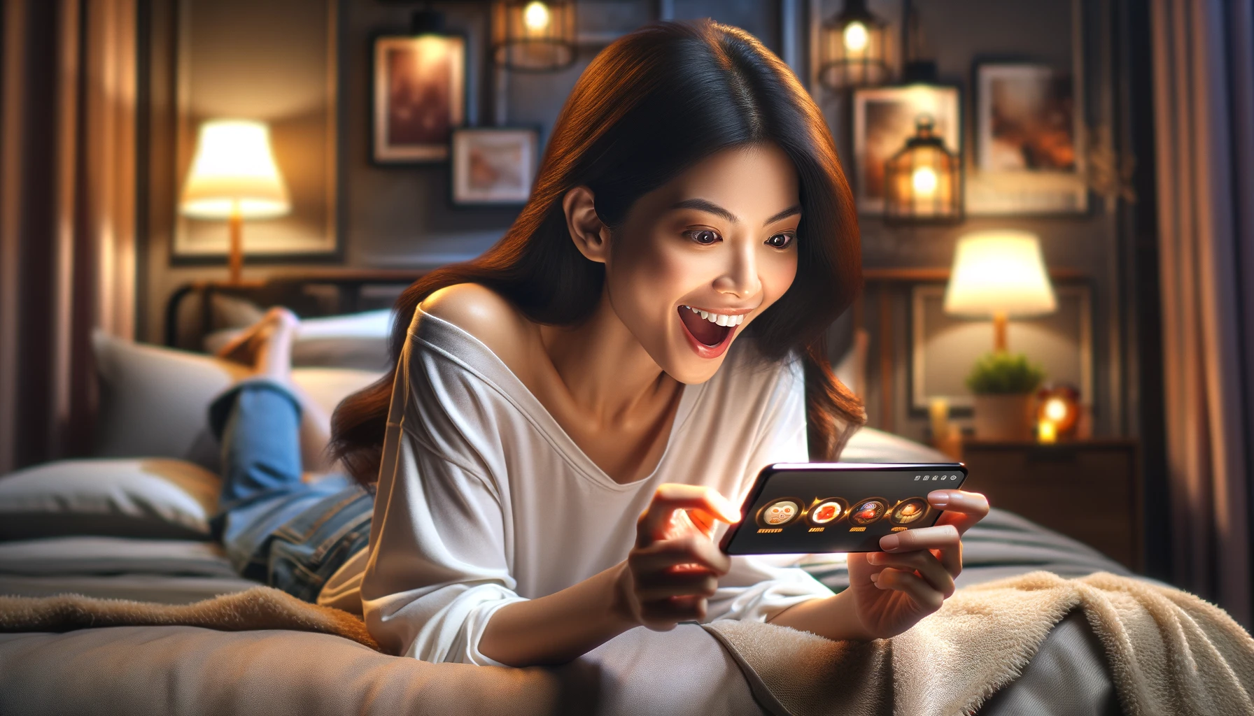 an excited young Asian woman lying on the bed in her bedroom, playing a mobile game on her smartphone in the evening