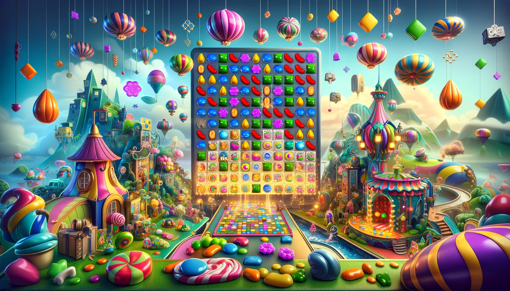 essence of the mobile game Candy Crush Saga, showcasing a vibrant and colorful scene that reflects the game's dynamic and addictive gameplay