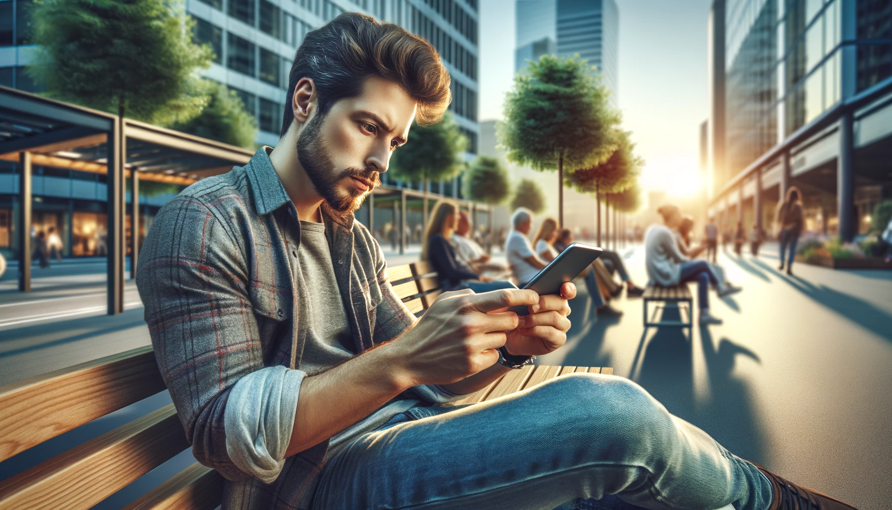 man deeply engrossed in using his smartphone, possibly playing a game