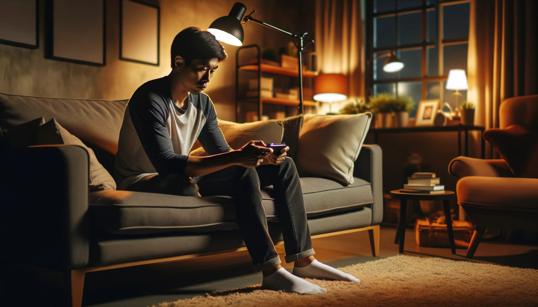 an Asian man playing mobile games on a sofa in the evening at home
