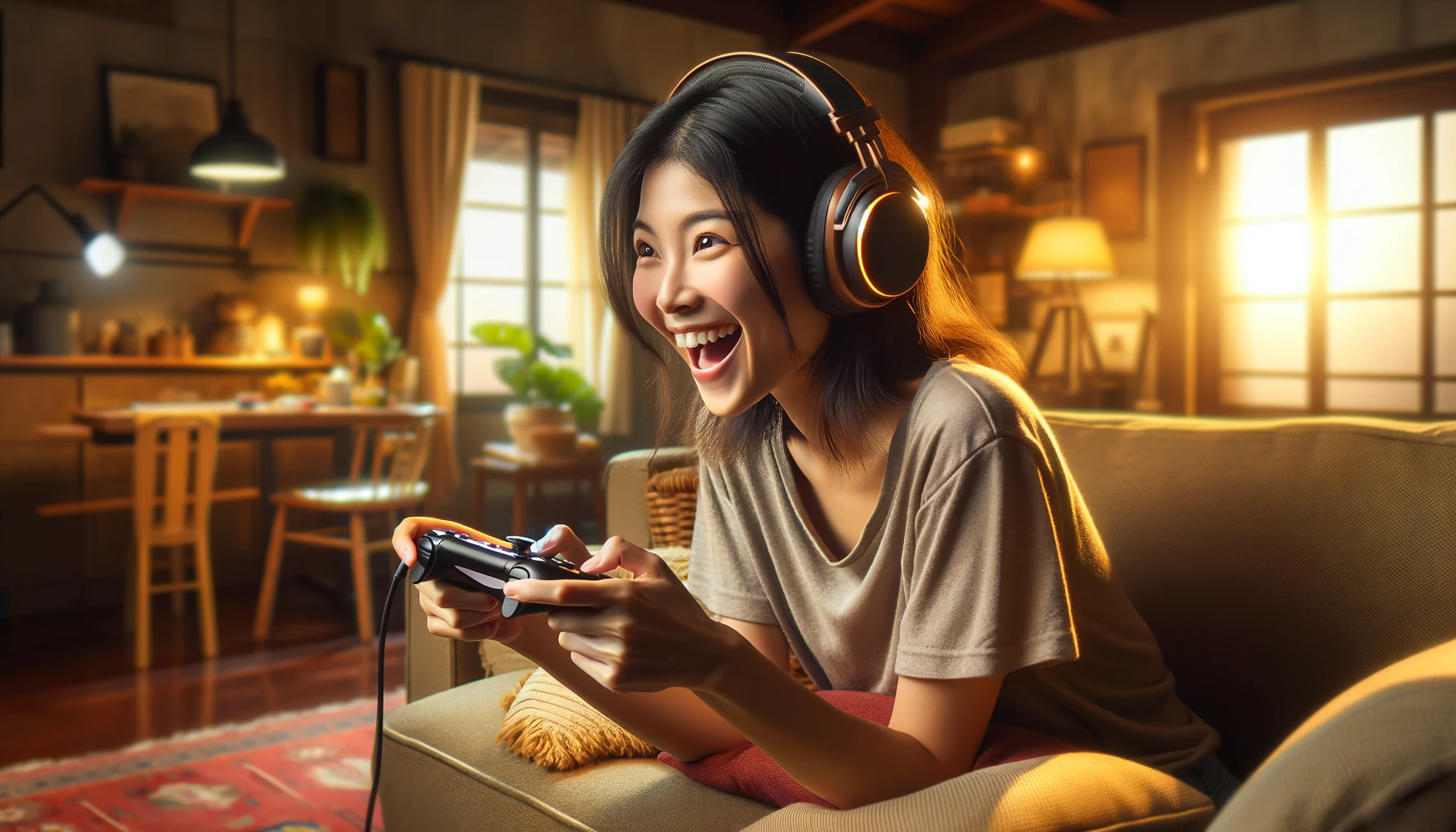 an excited, cheerful, smiling young adult Asian female wearing headphones, playing an online esport game on her smartphone while sitting on a sofa at home during a remote quarantine lockdown period