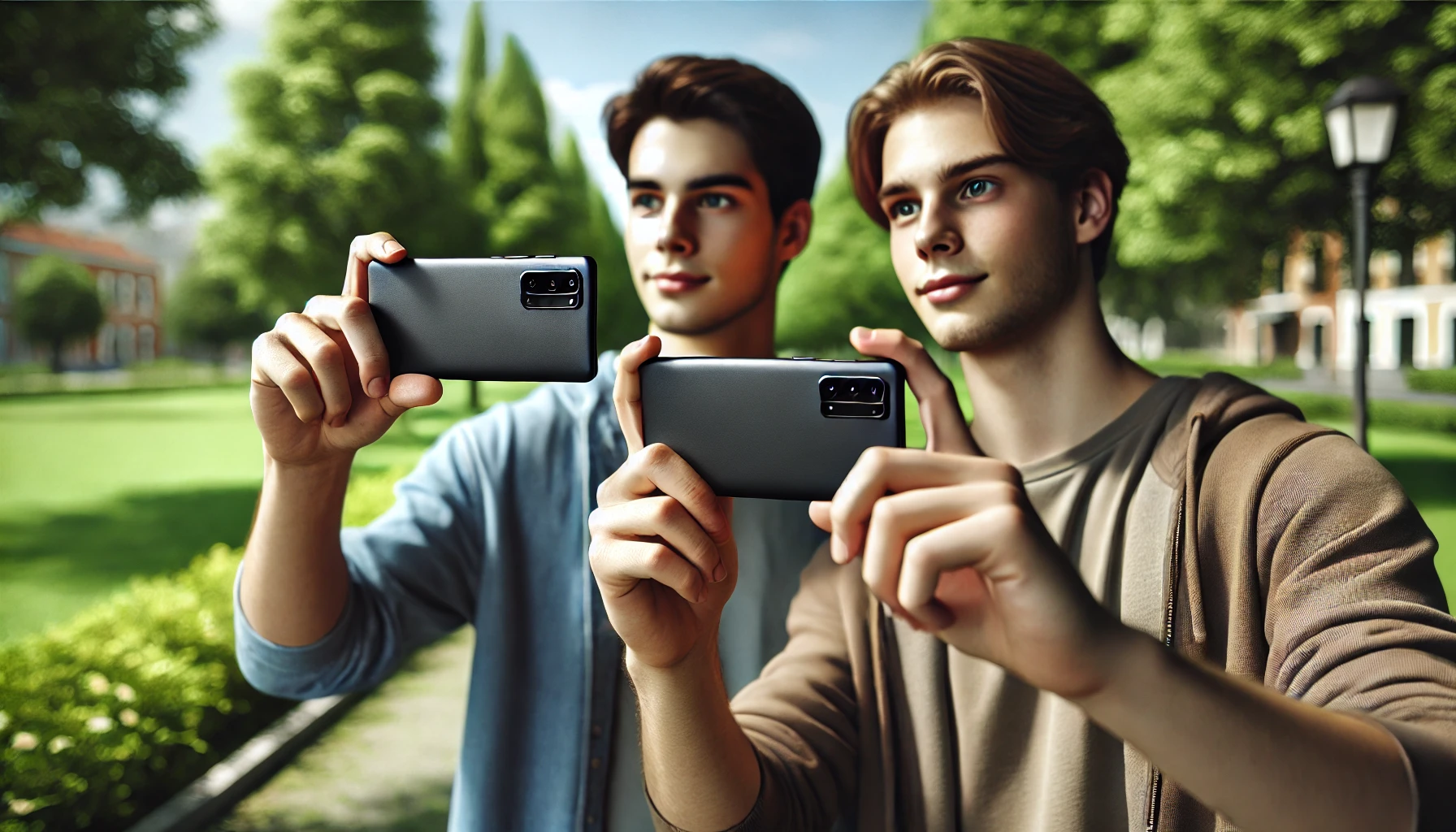 Two young men stand in a park, intently pointing their plain black smartphones at something outdoors, with a backdrop of green trees and bright sunlight.
