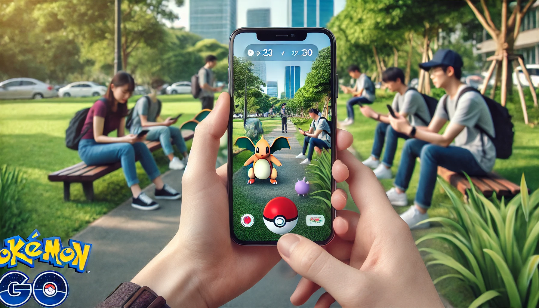 a person playing a modern augmented reality game like Pokémon GO on a smartphone.