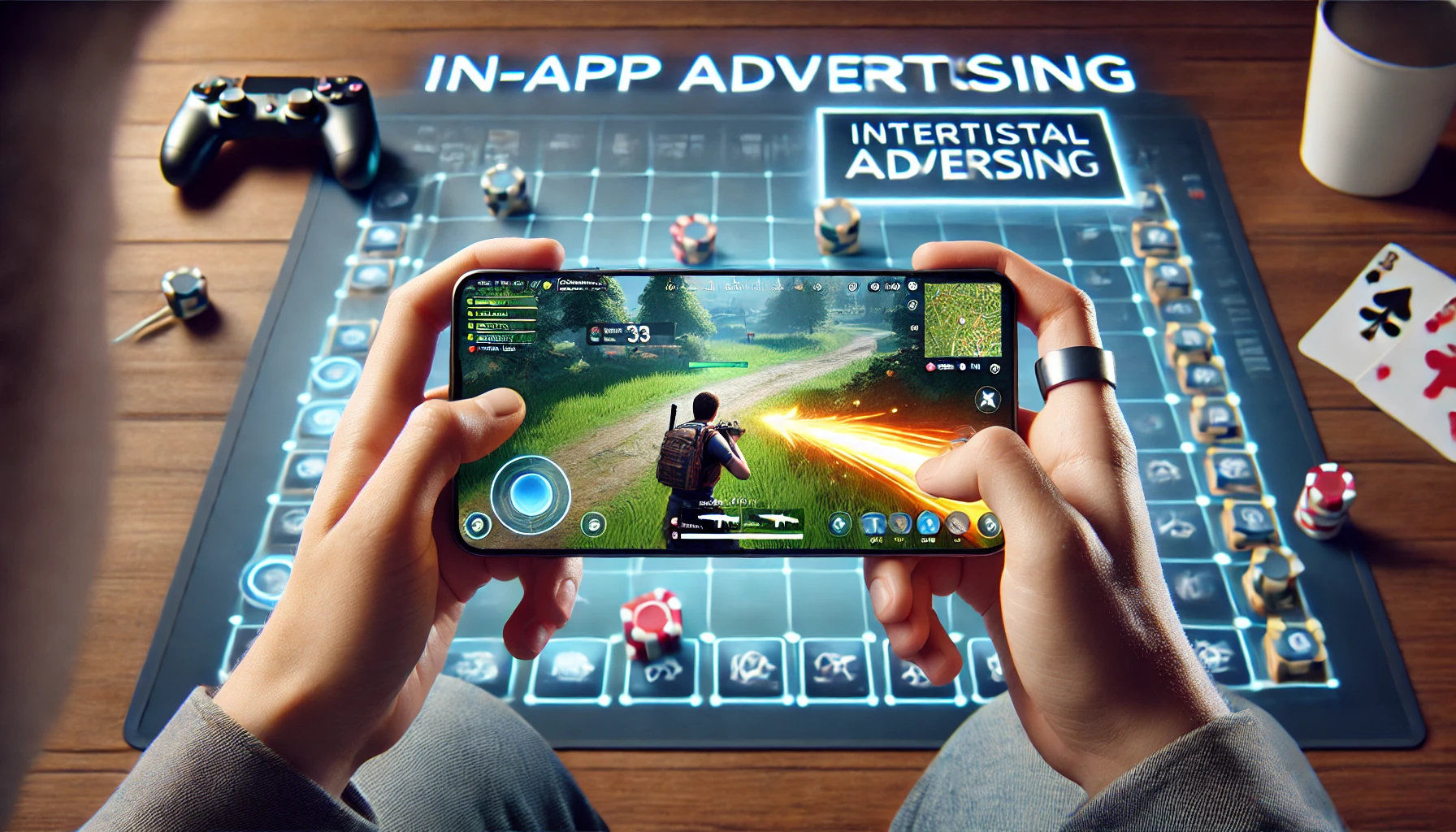 a person playing a mobile game with an advertisement displayed on the screen. 