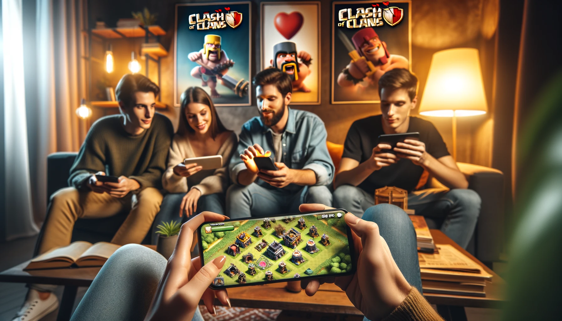 a group of friends playing Clash of Clans on their smartphones in a cozy indoor setting.