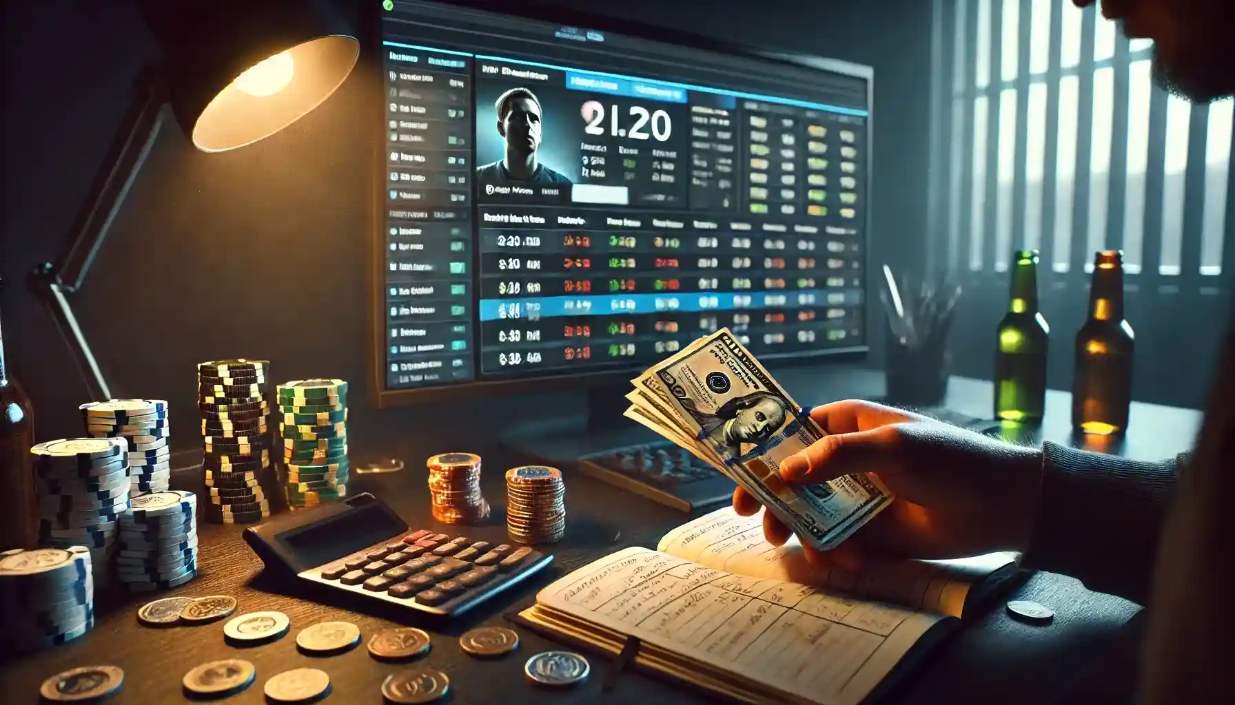 A player at a desk, counting a small amount of money that he can invest in games and betting.