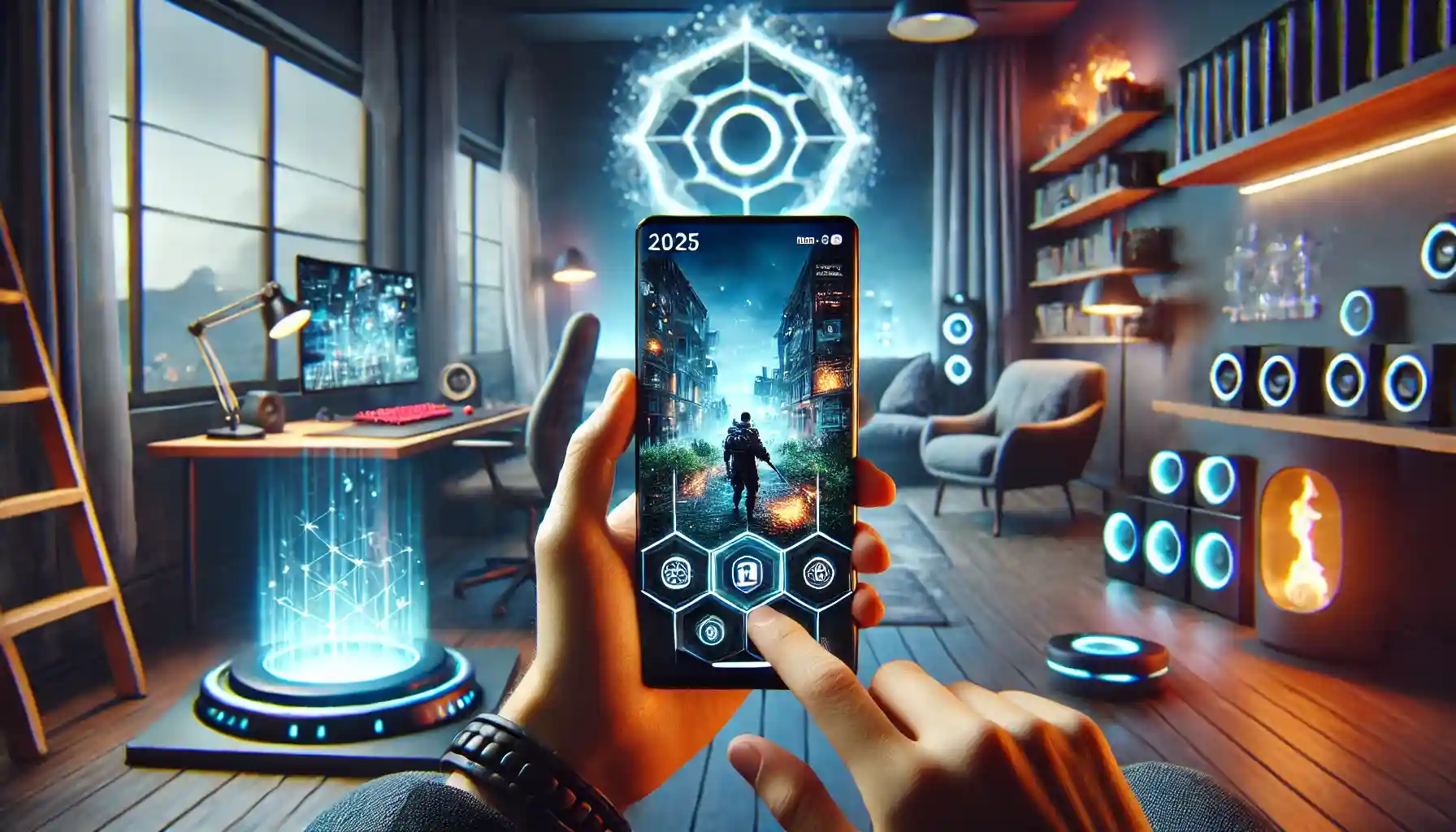 a mobile gamer using a high-tech smartphone with a vivid screen displaying a complex game environment.