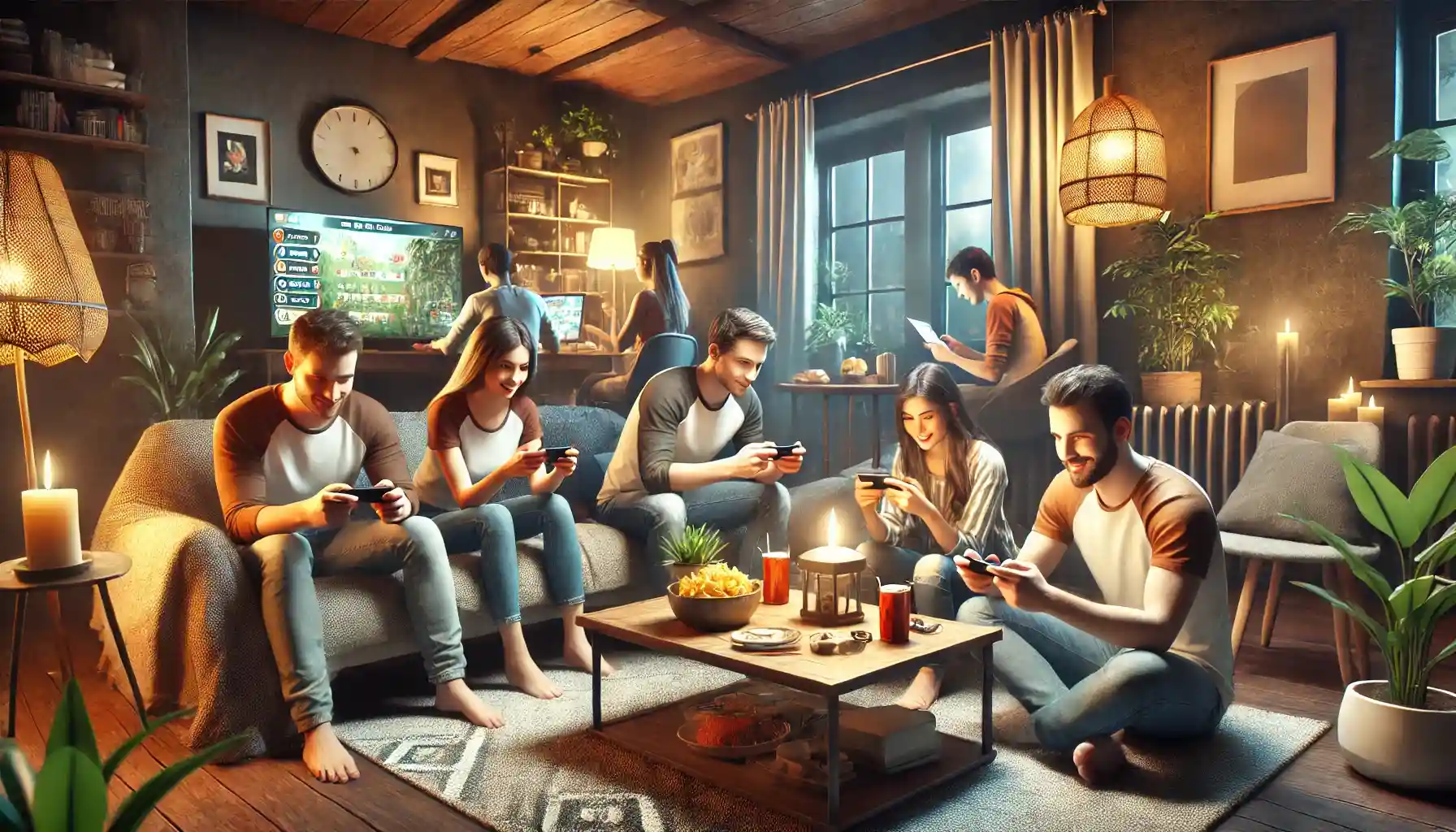 a cozy indoor setting with a group of friends gathered, playing mobile games on their smartphones. 