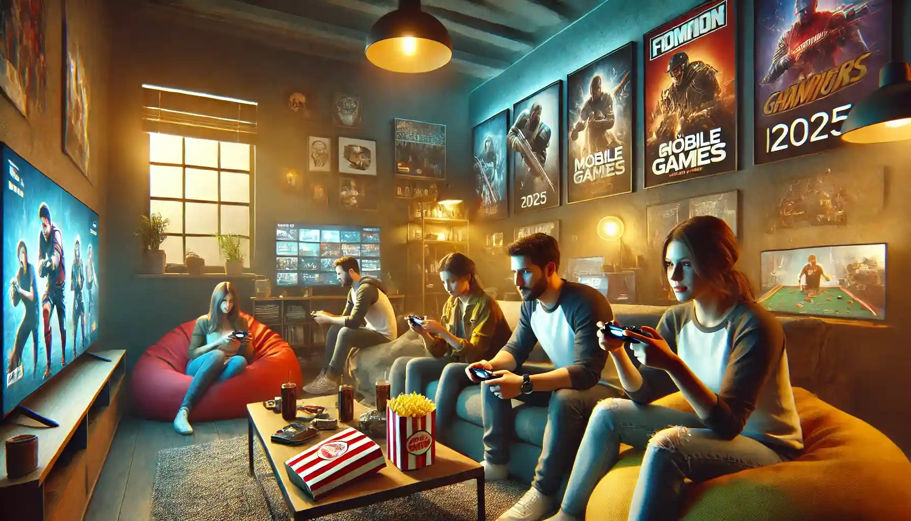 a cozy indoor gaming environment. Several friends are seated on a couch and bean bags, each engrossed in playing different mobile games on their smartphones.
