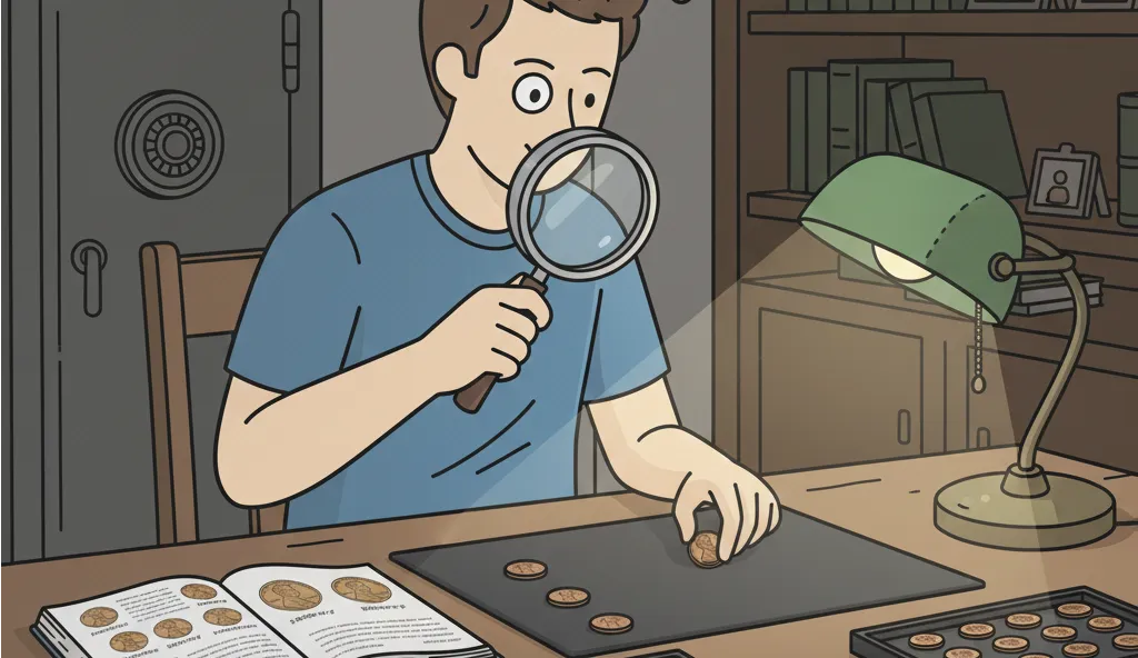 the man checks the details of the coin with a magnifying glass