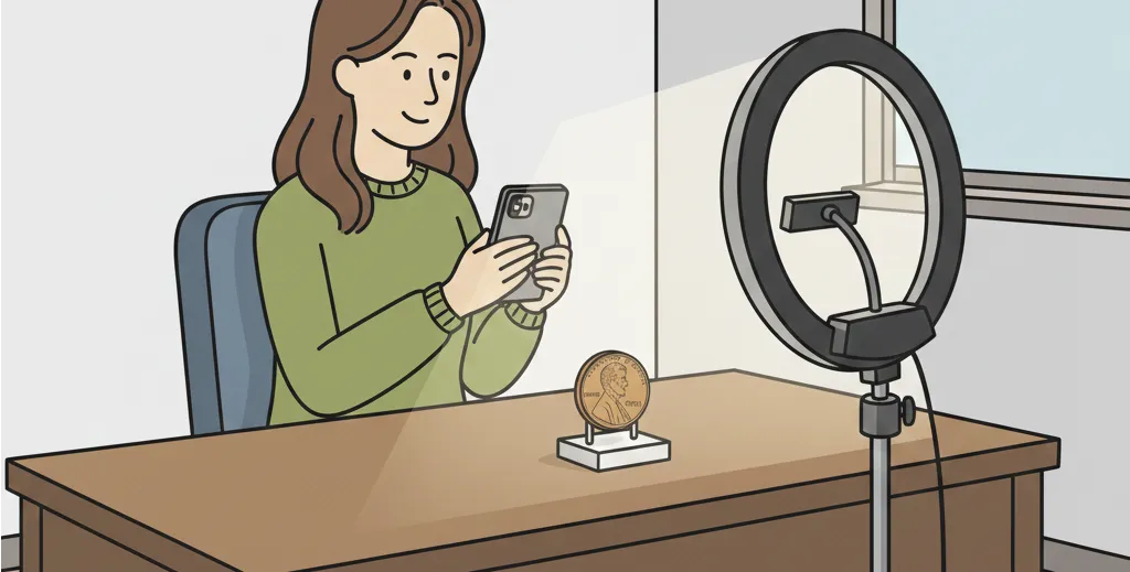 woman checks the coin with a phone